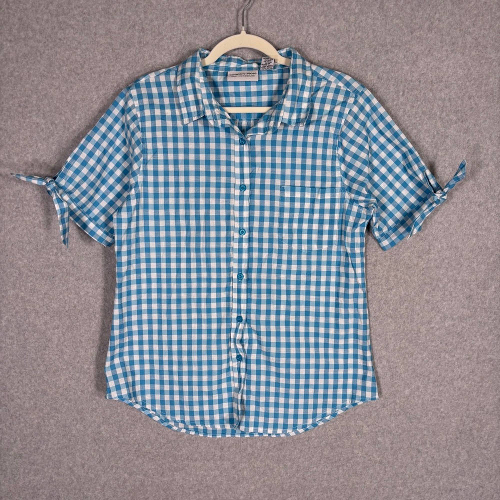 Country Store Button Down Shirt Large Blue Gingham Tie Sleeve Cotton Picnic